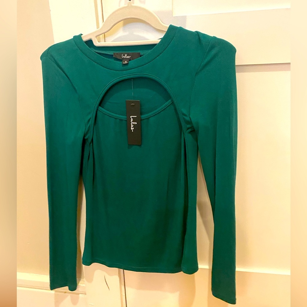 Lulus Flirty Little Secret green Ribbed Cutout Long Sleeve Top